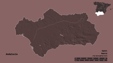Endülüs 'ün şekli, İspanya' nın özerk topluluğu, başkenti sağlam arka planda izole edilmiştir. Uzaklık ölçeği, bölge önizlemesi ve etiketleri. Renkli yükseklik haritası. 3B görüntüleme