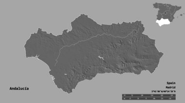 Endülüs 'ün şekli, İspanya' nın özerk topluluğu, başkenti sağlam arka planda izole edilmiştir. Uzaklık ölçeği, bölge önizlemesi ve etiketleri. Çift seviyeli yükseklik haritası. 3B görüntüleme