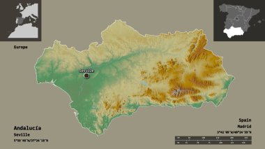 Endülüs 'ün şekli, İspanya özerk topluluğu ve başkenti. Uzaklık ölçeği, ön gösterimler ve etiketler. Topografik yardım haritası. 3B görüntüleme
