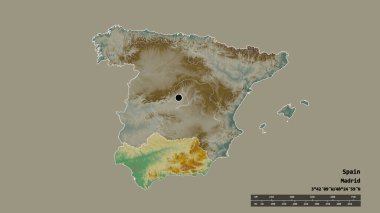 Başkenti, ana bölgesel bölünmesi ve ayrılan Endülüs bölgesi ile İspanya 'nın dejenere edilmiş şekli. Etiketler. Topografik yardım haritası. 3B görüntüleme