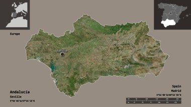 Endülüs 'ün şekli, İspanya özerk topluluğu ve başkenti. Uzaklık ölçeği, ön gösterimler ve etiketler. Uydu görüntüleri. 3B görüntüleme