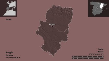 Aragon 'un şekli, İspanya özerk topluluğu ve başkenti. Uzaklık ölçeği, ön gösterimler ve etiketler. Renkli yükseklik haritası. 3B görüntüleme