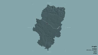Aragon bölgesi, İspanya 'nın özerk bölgesi, jeoreferatlı bir sınır kutusunda sağlam bir arka planda izole edilmiş. Etiketler. Renkli yükseklik haritası. 3B görüntüleme
