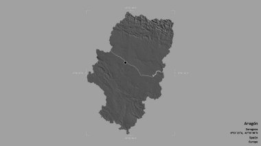 Aragon bölgesi, İspanya 'nın özerk bölgesi, jeoreferatlı bir sınır kutusunda sağlam bir arka planda izole edilmiş. Etiketler. Çift seviyeli yükseklik haritası. 3B görüntüleme
