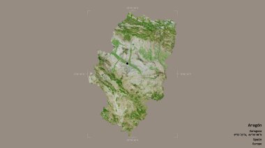 Aragon bölgesi, İspanya 'nın özerk bölgesi, jeoreferatlı bir sınır kutusunda sağlam bir arka planda izole edilmiş. Etiketler. Uydu görüntüleri. 3B görüntüleme