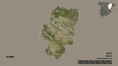 İspanya 'nın özerk toplumu Aragon' un şekli, başkenti sağlam bir zemin üzerinde izole edilmiştir. Uzaklık ölçeği, bölge önizlemesi ve etiketleri. Uydu görüntüleri. 3B görüntüleme
