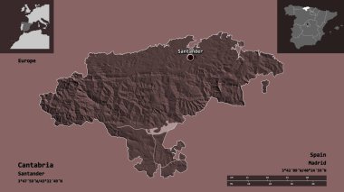 Cantabria 'nın şekli, İspanya özerk topluluğu ve başkenti. Uzaklık ölçeği, ön gösterimler ve etiketler. Renkli yükseklik haritası. 3B görüntüleme