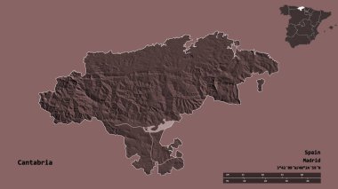 İspanya 'nın özerk topluluğu Cantabria' nın şekli, başkenti sağlam bir zemin üzerinde izole edilmiştir. Uzaklık ölçeği, bölge önizlemesi ve etiketleri. Renkli yükseklik haritası. 3B görüntüleme