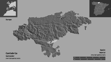 Cantabria 'nın şekli, İspanya özerk topluluğu ve başkenti. Uzaklık ölçeği, ön gösterimler ve etiketler. Çift seviyeli yükseklik haritası. 3B görüntüleme