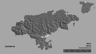 İspanya 'nın özerk topluluğu Cantabria' nın şekli, başkenti sağlam bir zemin üzerinde izole edilmiştir. Uzaklık ölçeği, bölge önizlemesi ve etiketleri. Çift seviyeli yükseklik haritası. 3B görüntüleme