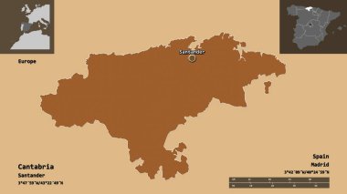 Cantabria 'nın şekli, İspanya özerk topluluğu ve başkenti. Uzaklık ölçeği, ön gösterimler ve etiketler. Desenli dokuların bileşimi. 3B görüntüleme
