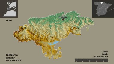 Cantabria 'nın şekli, İspanya özerk topluluğu ve başkenti. Uzaklık ölçeği, ön gösterimler ve etiketler. Topografik yardım haritası. 3B görüntüleme