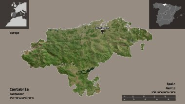 Cantabria 'nın şekli, İspanya özerk topluluğu ve başkenti. Uzaklık ölçeği, ön gösterimler ve etiketler. Uydu görüntüleri. 3B görüntüleme