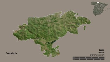 İspanya 'nın özerk topluluğu Cantabria' nın şekli, başkenti sağlam bir zemin üzerinde izole edilmiştir. Uzaklık ölçeği, bölge önizlemesi ve etiketleri. Uydu görüntüleri. 3B görüntüleme