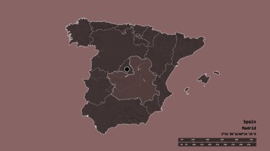 Başkenti, ana bölgesel bölümü ve ayrılan Castilla-La Mancha bölgesi ile İspanya 'nın dejenere edilmiş şekli. Etiketler. Renkli yükseklik haritası. 3B görüntüleme