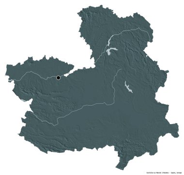 İspanya 'nın özerk topluluğu Castilla-La Mancha' nın beyaz arka planda bulunan başkenti. Renkli yükseklik haritası. 3B görüntüleme