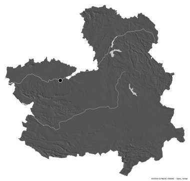 İspanya 'nın özerk topluluğu Castilla-La Mancha' nın beyaz arka planda bulunan başkenti. Çift seviyeli yükseklik haritası. 3B görüntüleme