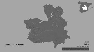 İspanya 'nın özerk toplumu Castilla-La Mancha' nın şekli, başkenti sağlam bir zemin üzerinde izole edilmiştir. Uzaklık ölçeği, bölge önizlemesi ve etiketleri. Çift seviyeli yükseklik haritası. 3B görüntüleme