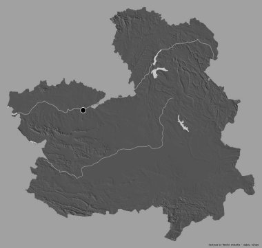 İspanya 'nın özerk toplumu Castilla-La Mancha' nın şekli, başkenti katı bir renk arkaplanı ile izole edilmiştir. Çift seviyeli yükseklik haritası. 3B görüntüleme