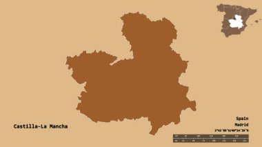 İspanya 'nın özerk toplumu Castilla-La Mancha' nın şekli, başkenti sağlam bir zemin üzerinde izole edilmiştir. Uzaklık ölçeği, bölge önizlemesi ve etiketleri. Desenli dokuların bileşimi. 3B görüntüleme