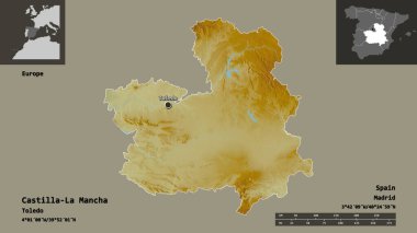 Castilla-La Mancha 'nın şekli, İspanya özerk topluluğu ve başkenti. Uzaklık ölçeği, ön gösterimler ve etiketler. Topografik yardım haritası. 3B görüntüleme