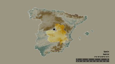 Başkenti, ana bölgesel bölümü ve ayrılan Castilla-La Mancha bölgesi ile İspanya 'nın dejenere edilmiş şekli. Etiketler. Topografik yardım haritası. 3B görüntüleme