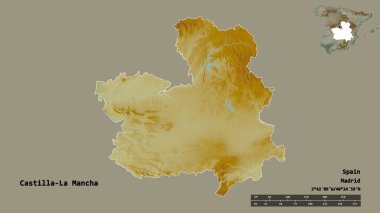 İspanya 'nın özerk toplumu Castilla-La Mancha' nın şekli, başkenti sağlam bir zemin üzerinde izole edilmiştir. Uzaklık ölçeği, bölge önizlemesi ve etiketleri. Topografik yardım haritası. 3B görüntüleme
