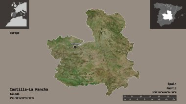 Castilla-La Mancha 'nın şekli, İspanya özerk topluluğu ve başkenti. Uzaklık ölçeği, ön gösterimler ve etiketler. Uydu görüntüleri. 3B görüntüleme