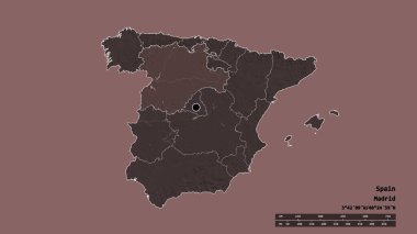 Başkenti, ana bölgesel bölümü ve ayrılmış Castilla y Leon bölgesi ile İspanya 'nın dejenere edilmiş şekli. Etiketler. Renkli yükseklik haritası. 3B görüntüleme