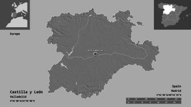 Castilla y Leon 'un şekli, İspanya özerk topluluğu ve başkenti. Uzaklık ölçeği, ön gösterimler ve etiketler. Çift seviyeli yükseklik haritası. 3B görüntüleme