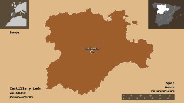Castilla y Leon 'un şekli, İspanya özerk topluluğu ve başkenti. Uzaklık ölçeği, ön gösterimler ve etiketler. Desenli dokuların bileşimi. 3B görüntüleme
