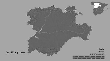 İspanya 'nın özerk toplumu Castilla y Leon' un yapısında sermayesi sağlam bir zemin üzerinde izole edilmiştir. Uzaklık ölçeği, bölge önizlemesi ve etiketleri. Çift seviyeli yükseklik haritası. 3B görüntüleme