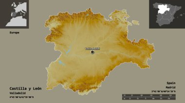 Castilla y Leon 'un şekli, İspanya özerk topluluğu ve başkenti. Uzaklık ölçeği, ön gösterimler ve etiketler. Topografik yardım haritası. 3B görüntüleme