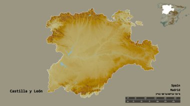 İspanya 'nın özerk toplumu Castilla y Leon' un yapısında sermayesi sağlam bir zemin üzerinde izole edilmiştir. Uzaklık ölçeği, bölge önizlemesi ve etiketleri. Topografik yardım haritası. 3B görüntüleme
