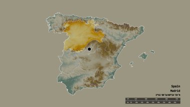 Başkenti, ana bölgesel bölümü ve ayrılmış Castilla y Leon bölgesi ile İspanya 'nın dejenere edilmiş şekli. Etiketler. Topografik yardım haritası. 3B görüntüleme