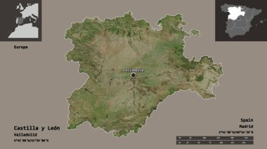 Castilla y Leon 'un şekli, İspanya özerk topluluğu ve başkenti. Uzaklık ölçeği, ön gösterimler ve etiketler. Uydu görüntüleri. 3B görüntüleme