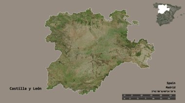 İspanya 'nın özerk toplumu Castilla y Leon' un yapısında sermayesi sağlam bir zemin üzerinde izole edilmiştir. Uzaklık ölçeği, bölge önizlemesi ve etiketleri. Uydu görüntüleri. 3B görüntüleme