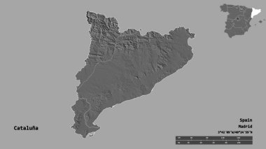 Kataluna 'nın şekli, İspanya' nın özerk topluluğu, sermayesi sağlam arka planda izole edilmiş. Uzaklık ölçeği, bölge önizlemesi ve etiketleri. Çift seviyeli yükseklik haritası. 3B görüntüleme