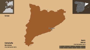 Kataluna 'nın şekli, İspanya özerk topluluğu ve başkenti. Uzaklık ölçeği, ön gösterimler ve etiketler. Desenli dokuların bileşimi. 3B görüntüleme