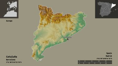 Kataluna 'nın şekli, İspanya özerk topluluğu ve başkenti. Uzaklık ölçeği, ön gösterimler ve etiketler. Topografik yardım haritası. 3B görüntüleme