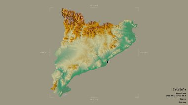 Kataluna bölgesi, İspanya 'nın özerk topluluğu, jeoreferatlı bir sınır kutusunda sağlam bir arka planda izole edilmiş. Etiketler. Topografik yardım haritası. 3B görüntüleme