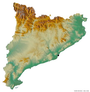Kataluna 'nın şekli, İspanya özerk topluluğu, başkenti beyaz arka planda izole edilmiş. Topografik yardım haritası. 3B görüntüleme