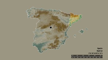 Başkenti, ana bölgesel bölünmesi ve ayrılmış Kataluna bölgesi ile İspanya 'nın dejenere edilmiş şekli. Etiketler. Topografik yardım haritası. 3B görüntüleme