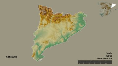 Kataluna 'nın şekli, İspanya' nın özerk topluluğu, sermayesi sağlam arka planda izole edilmiş. Uzaklık ölçeği, bölge önizlemesi ve etiketleri. Topografik yardım haritası. 3B görüntüleme