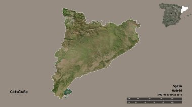 Kataluna 'nın şekli, İspanya' nın özerk topluluğu, sermayesi sağlam arka planda izole edilmiş. Uzaklık ölçeği, bölge önizlemesi ve etiketleri. Uydu görüntüleri. 3B görüntüleme