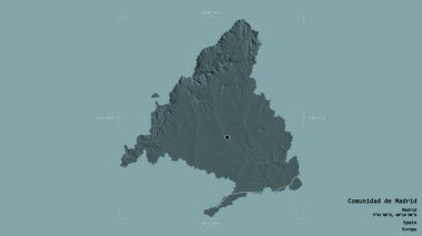 Comunidad de Madrid bölgesi, İspanya 'nın özerk toplumu, katı bir arka planda izole edilmiş bir sınır kutusunda. Etiketler. Renkli yükseklik haritası. 3B görüntüleme
