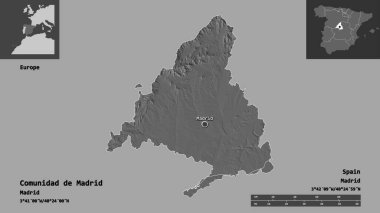 Comunidad de Madrid 'in şekli, İspanya özerk topluluğu ve başkenti. Uzaklık ölçeği, ön gösterimler ve etiketler. Çift seviyeli yükseklik haritası. 3B görüntüleme