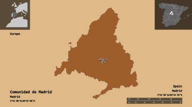 Comunidad de Madrid 'in şekli, İspanya özerk topluluğu ve başkenti. Uzaklık ölçeği, ön gösterimler ve etiketler. Desenli dokuların bileşimi. 3B görüntüleme
