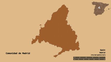 Comunidad de Madrid 'in şekli, İspanya özerk topluluğu, sermayesi sağlam arka planda izole edilmiş. Uzaklık ölçeği, bölge önizlemesi ve etiketleri. Desenli dokuların bileşimi. 3B görüntüleme