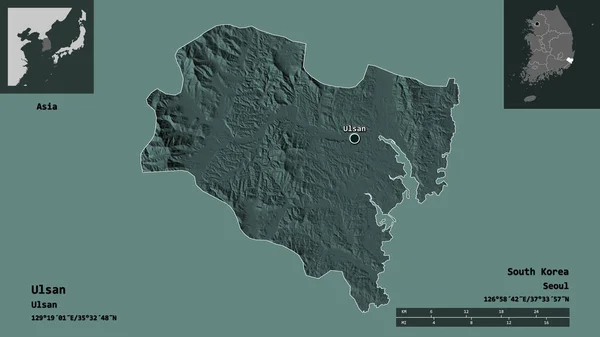 蔚山の形 韓国の大都市 距離スケール プレビューおよびラベル 色の標高マップ 3Dレンダリング — ストック写真